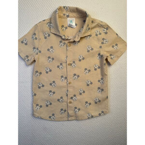 Kids Disney Baby Beige Grey Mickey Mouse Print Short Sleeve Button Down Shirt 4T